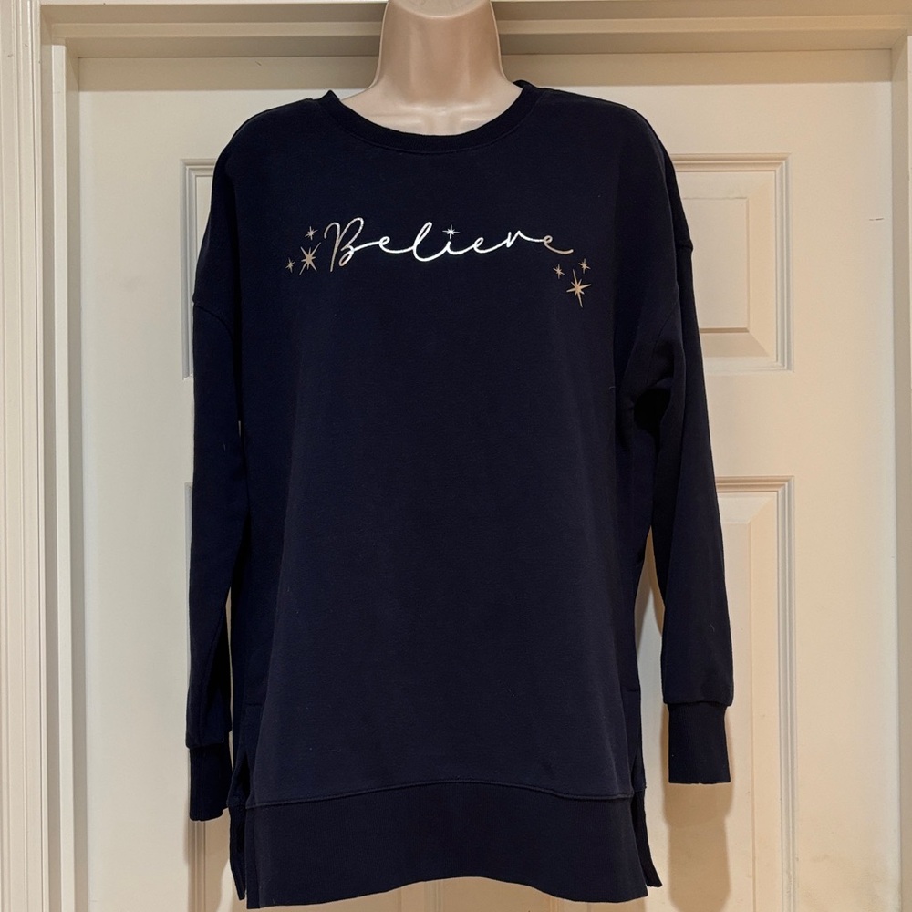 EUC Like New Teddy Rose Elegant Navy Sweater with 'Believe' Design Size M